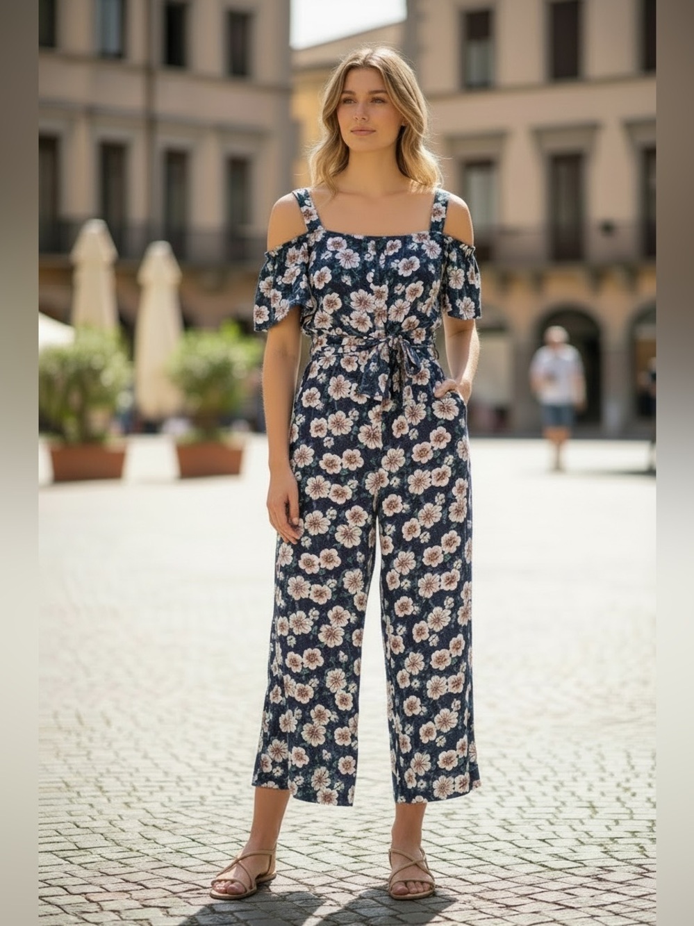 Mih Jeans Elodie SILK Jumpsuit Blue Floral Straps Cold Shoulder Square neck S